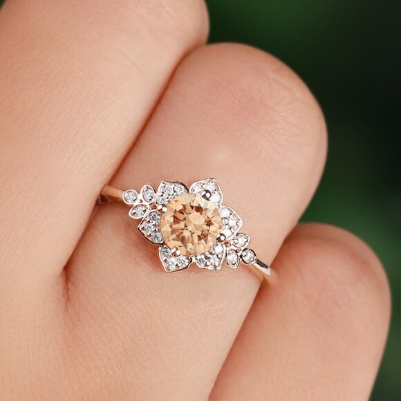 Vintage Style Floral ring - Champagne Citrine, Art Deco Flower Ring - Picture 1 of 2